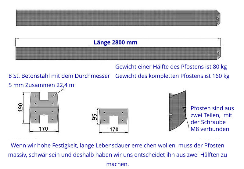 Betonpfosten 2800 mm (Achsabstand des Zauns 2620 mm)