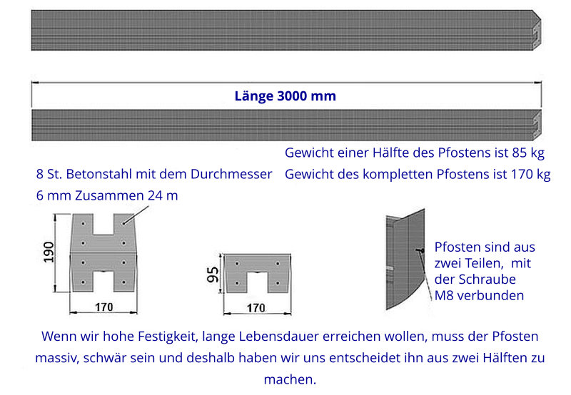 Betonpfosten 3000 mm (Achsabstand des Zauns 2620 mm)